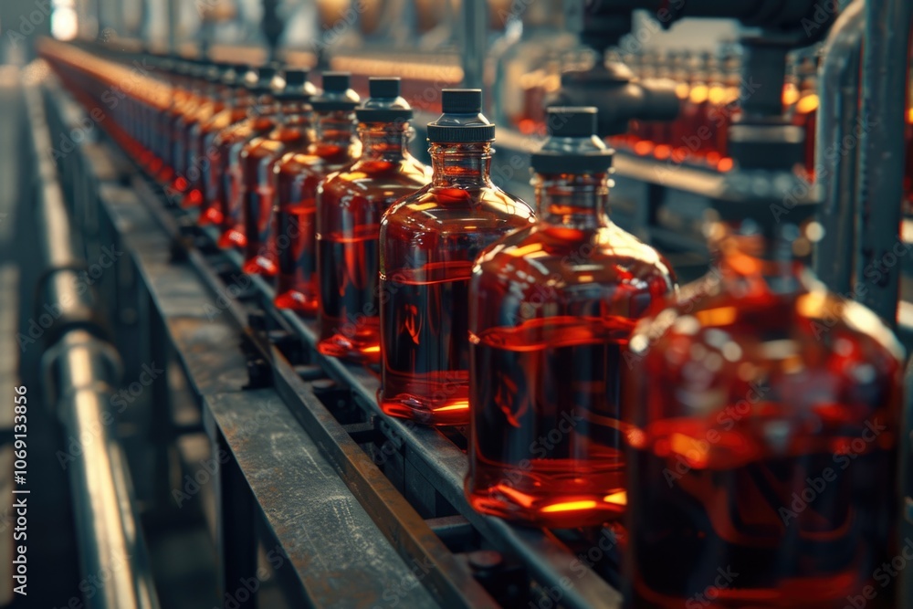 Syrup Bottles transfer on Conveyor Belt System Syrup Bottles transfer on Conveyor Belt System