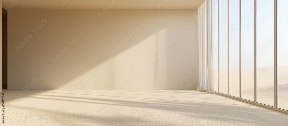 Bright minimalist room with beige walls, tall windows on the right, and sandy flooring. Bright minimalist room with beige walls, tall windows on the right, and sandy flooring.