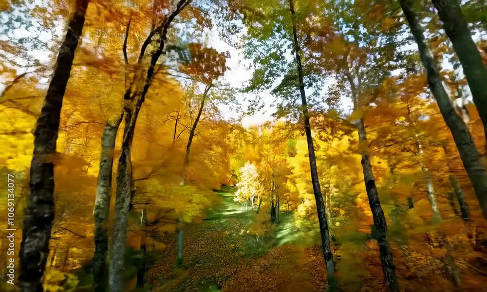 Aerial fpv racing drone flying over through the colorful branches of beech trees in a forest in autumn Aerial fpv racing drone flying over through the colorful branches of beech trees in a forest in autumn