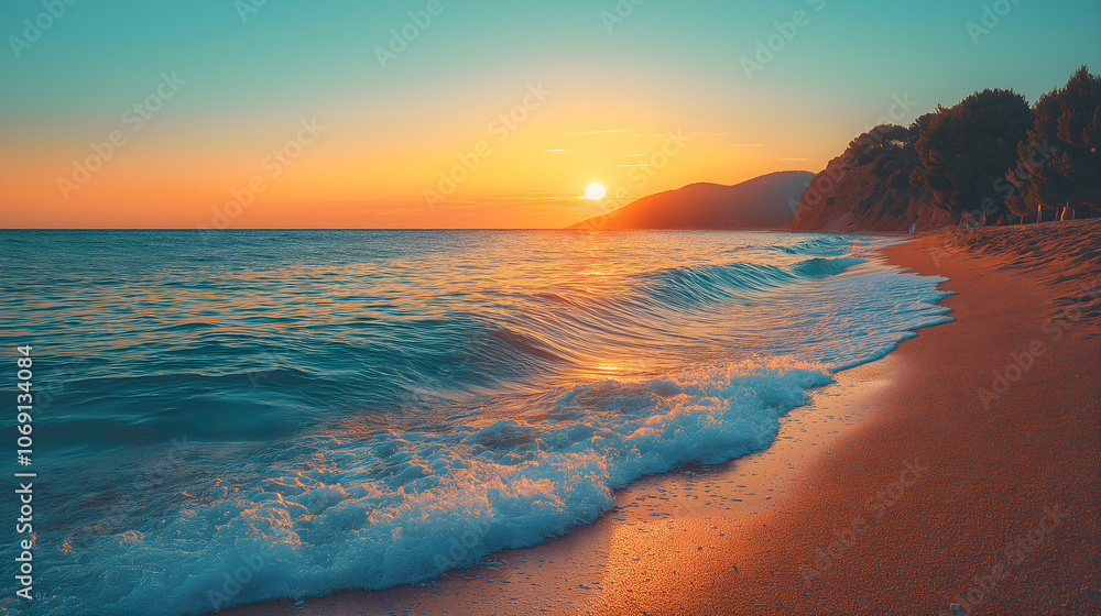 Obraz premium A beautiful beach with soft waves, the sun setting in the background, creating a serene and captivating scene of tranquility and beauty.
