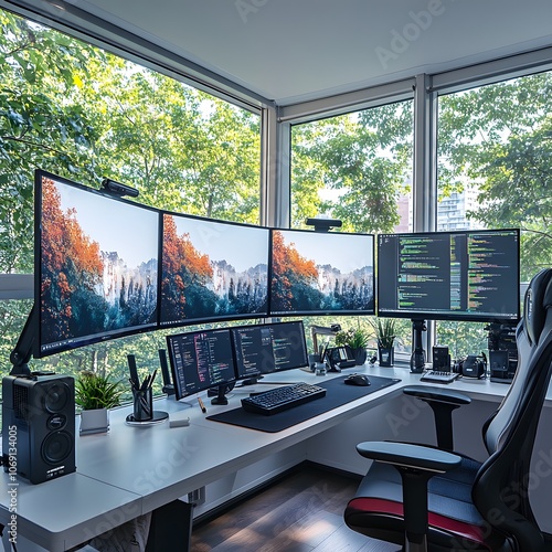 A professional workspace featuring dual monitors, an ergonomic chair, and an organized desk, designed to maximize productivity photo