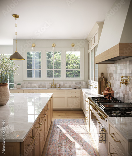 Rendering of a classic kitchen in the American style 5.3D illustration