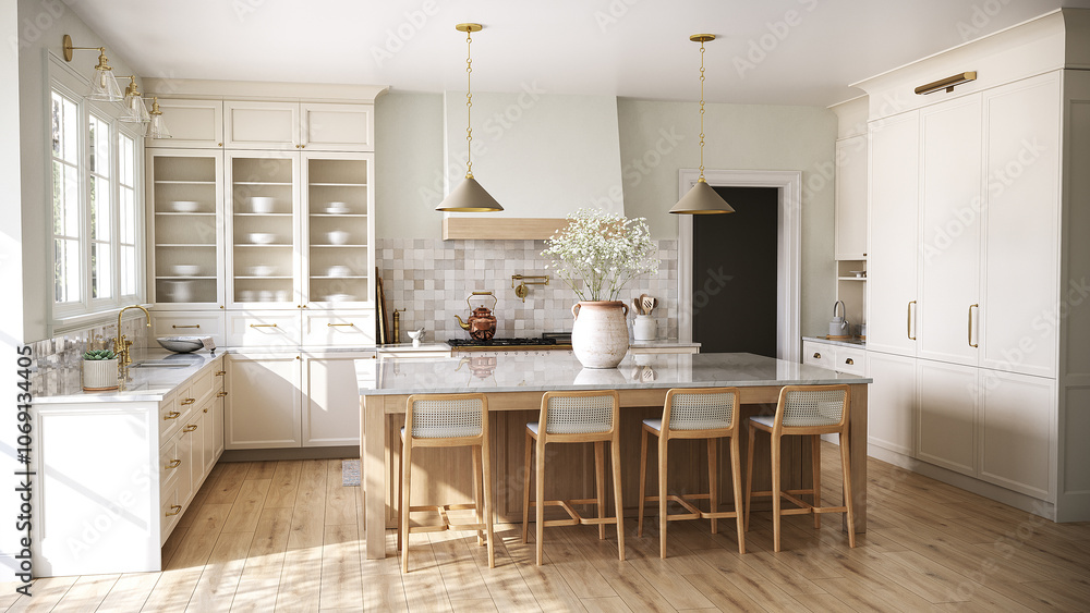 Rendering of a classic kitchen in the American style 3.3D illustration Rendering of a classic kitchen in the American style 3.3D illustration