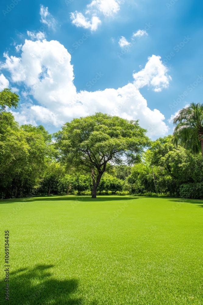 Lush green park with a large tree and blue sky with fluffy clouds Lush green park with a large tree and blue sky with fluffy clouds