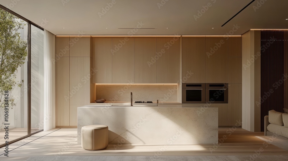 Modern Minimalist Kitchen Interior with Marble Island and Natural Light Modern Minimalist Kitchen Interior with Marble Island and Natural Light