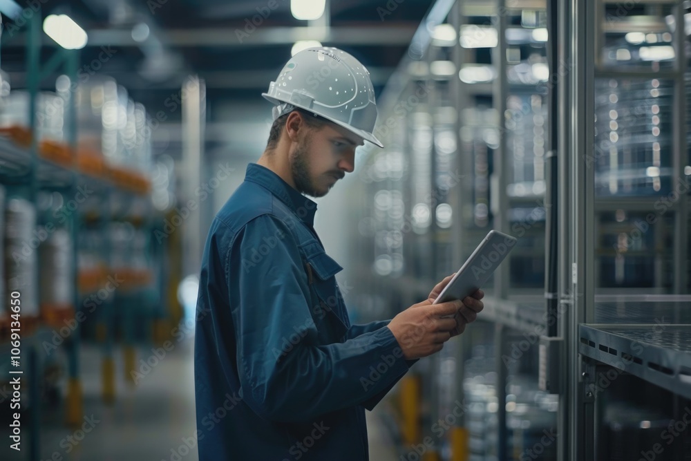 Caucasian employee in uniform uses tablet in food factory. Caucasian employee in uniform uses tablet in food factory.