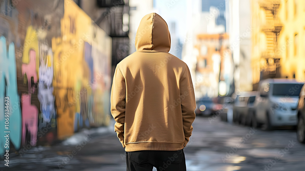Hoodie Mockup - A person in a hoodie stands in an urban alley with colorful graffiti. Hoodie Mockup - A person in a hoodie stands in an urban alley with colorful graffiti.