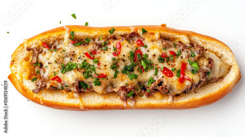 A loaded sandwich featuring beef, cheese, and garnishes in a toasted bun.