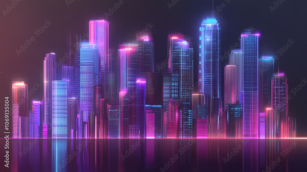 Neon city skyline with illuminated buildings, a futuristic metropolis panorama cyberpunk architecture isolated, glowing against transparent background. Cyberpunk. Illustration Neon city skyline with illuminated buildings, a futuristic metropolis panorama cyberpunk architecture isolated, glowing against transparent background. Cyberpunk. Illustration