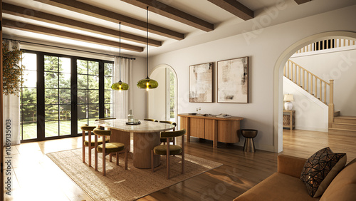 Classic dining room in American style. 3d illustration