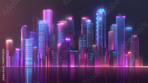 Neon city skyline with illuminated buildings, a futuristic metropolis panorama cyberpunk architecture isolated, glowing against transparent background. Cyberpunk. Illustration