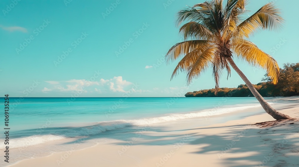 A quiet beach with soft white sand, gentle waves lapping the shore, and a palm tree leaning over the tranquil waters offers a serene tropical escape. A quiet beach with soft white sand, gentle waves lapping the shore, and a palm tree leaning over the tranquil waters offers a serene tropical escape.