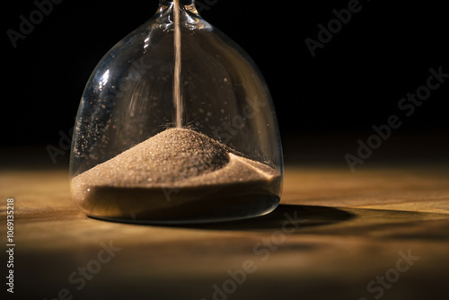 Golden glittering sand grains flowing in an hourglass, macro view. Material, texture, and abstract concepts.