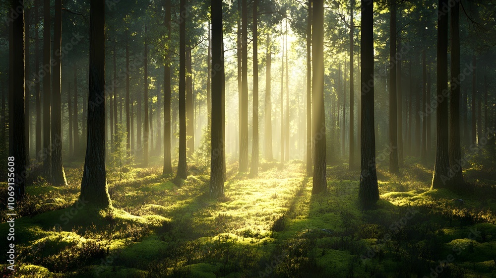 Obraz premium A quiet forest glade featuring tall trees and a soft carpet of moss, with sunlight gently filtering through the foliage, creates a serene and magical woodland atmosphere.