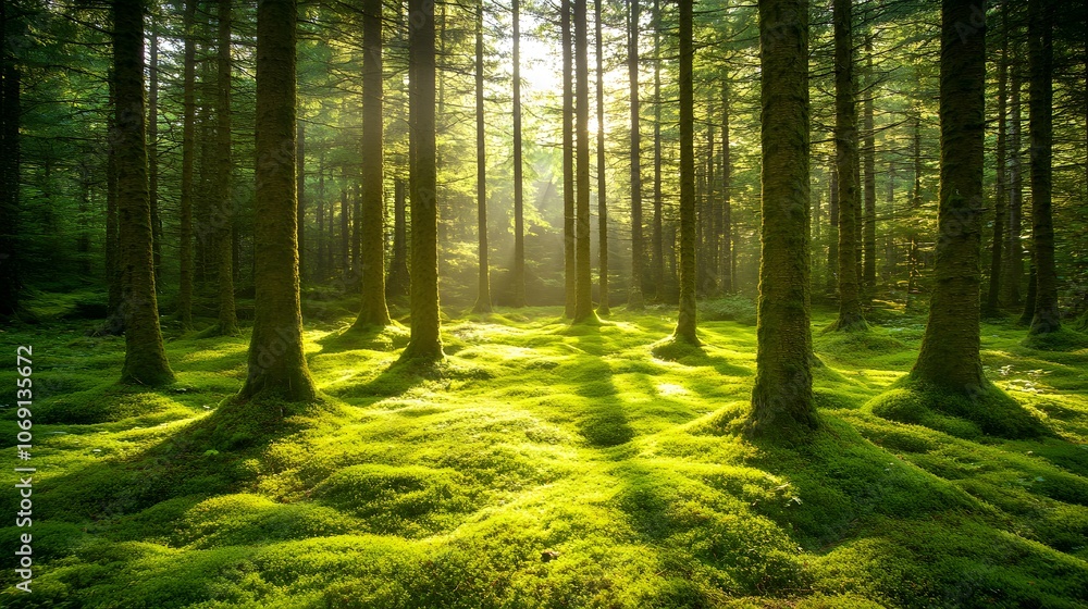 Fototapeta premium A quiet forest glade featuring tall trees and a soft carpet of moss, with sunlight gently filtering through the foliage, creates a serene and magical woodland atmosphere.