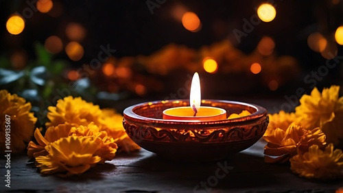 Diwali The Hindu Festival of Lights Celebrated in Ashvin with Candlelight and Radiant Bokeh photo