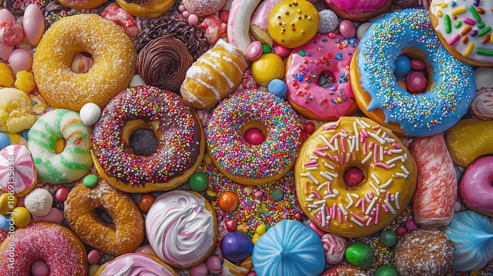 Delicious Junk Food Arrangement with Doughnuts, Cookies, and Candies on a Colorful Background Delicious Junk Food Arrangement with Doughnuts, Cookies, and Candies on a Colorful Background