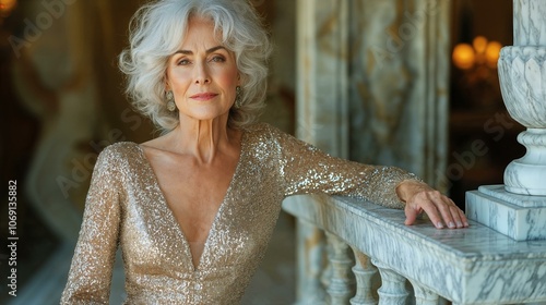 Elegant senior woman in glamorous evening dress at luxurious marble balcony