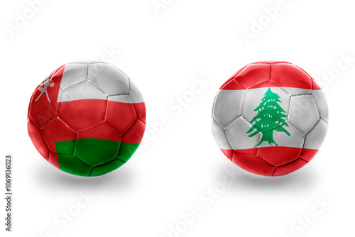 football balls with national flags of lebanon and oman ,soccer teams. on the white background. photo