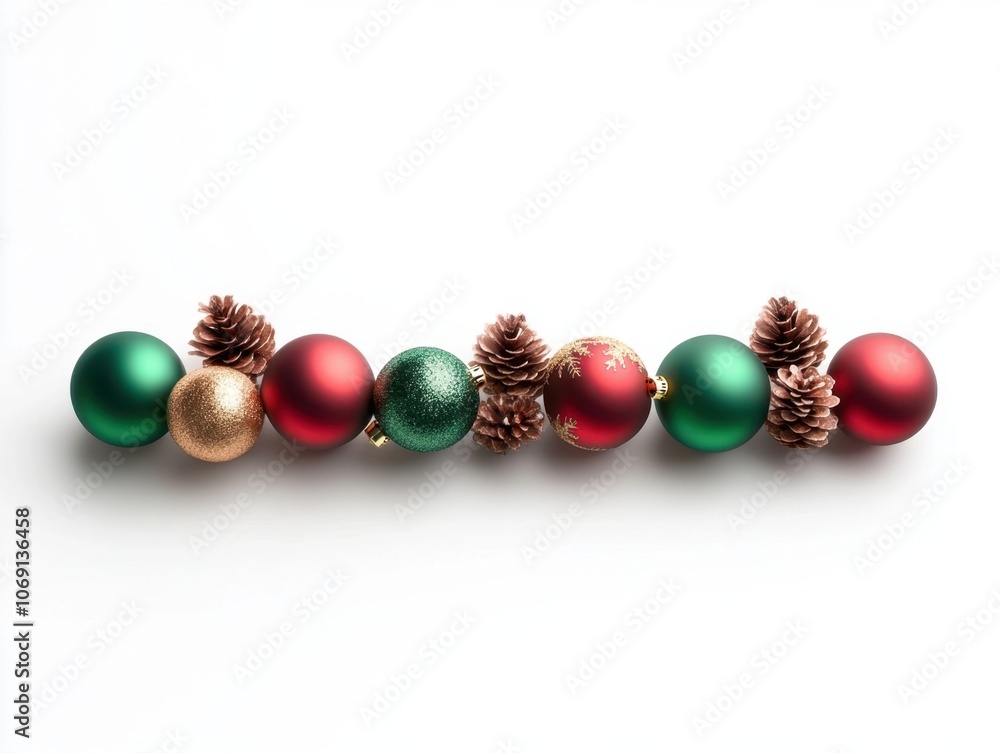 Festive Christmas ornaments and pine cones on a white background Festive Christmas ornaments and pine cones on a white background