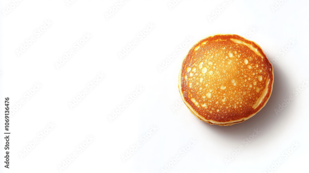 A single golden pancake on a white background, showcasing its texture and color. A single golden pancake on a white background, showcasing its texture and color.
