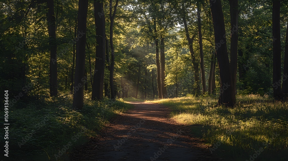 Obraz premium A quiet forest path flanked by tall trees, with sunlight streaming through the leaves, creating a tranquil and inviting atmosphere