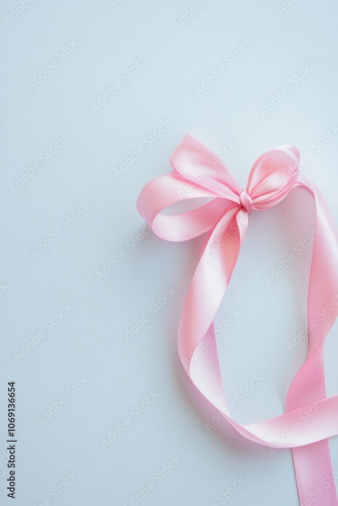Delicate pink ribbon bow on a soft blue background Delicate pink ribbon bow on a soft blue background