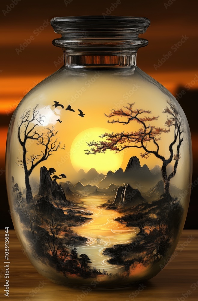 Serene Sunset Landscape in Artistic Glass Jar
Serene Sunset Landscape in Artistic Glass Jar