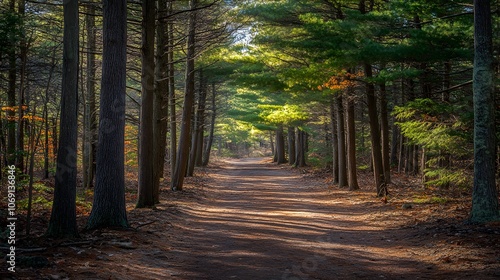 A quiet forest path flanked by tall trees, with sunlight streaming through the leaves, creating a tranquil and inviting atmosphere photo