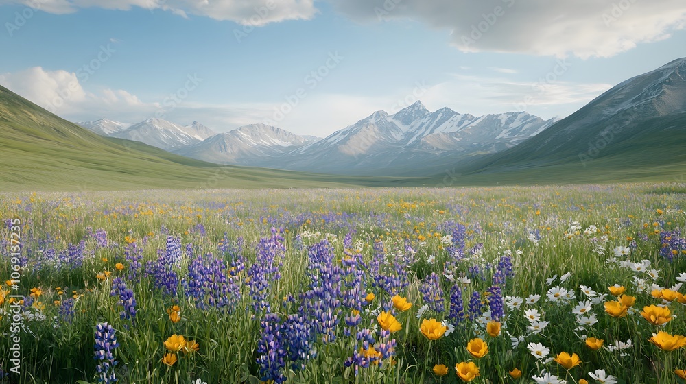 Obraz premium A quiet meadow adorned with colorful wildflowers, gently swaying in the breeze, with a distant mountain range forming a serene backdrop