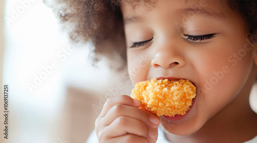 Close-up of a little girl savoring a crispy fried chicken nugget