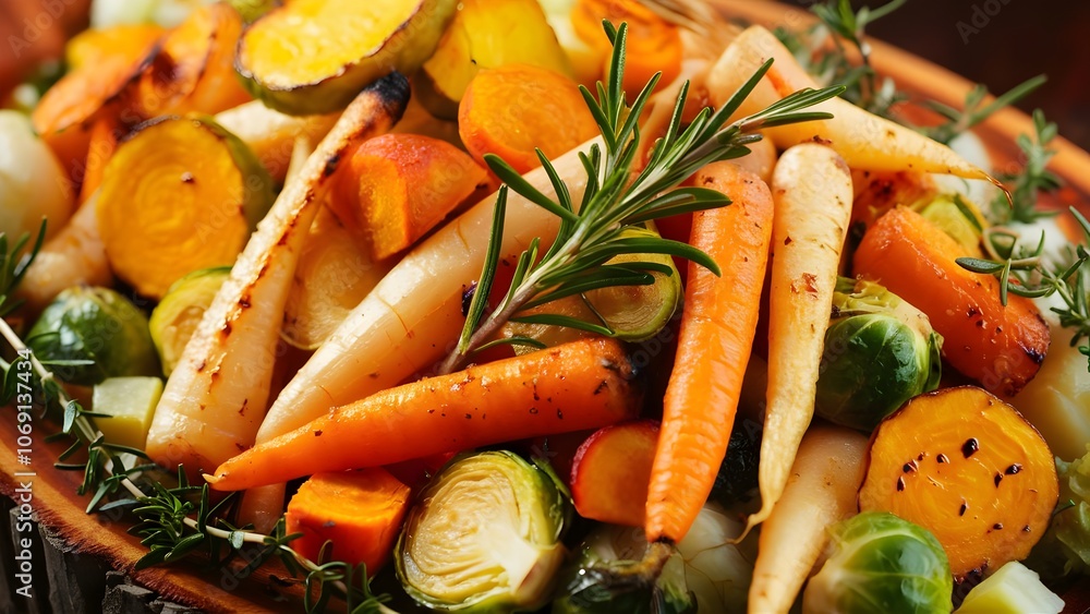 Wooden Board of Roasted Vegetables with Rosemary for Thanksgiving Wooden Board of Roasted Vegetables with Rosemary for Thanksgiving