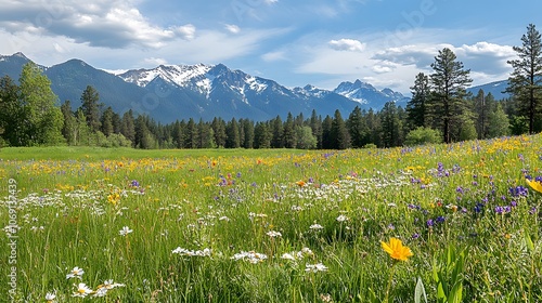 A quiet meadow adorned with colorful wildflowers, gently swaying in the breeze, with a distant mountain range forming a serene backdrop photo