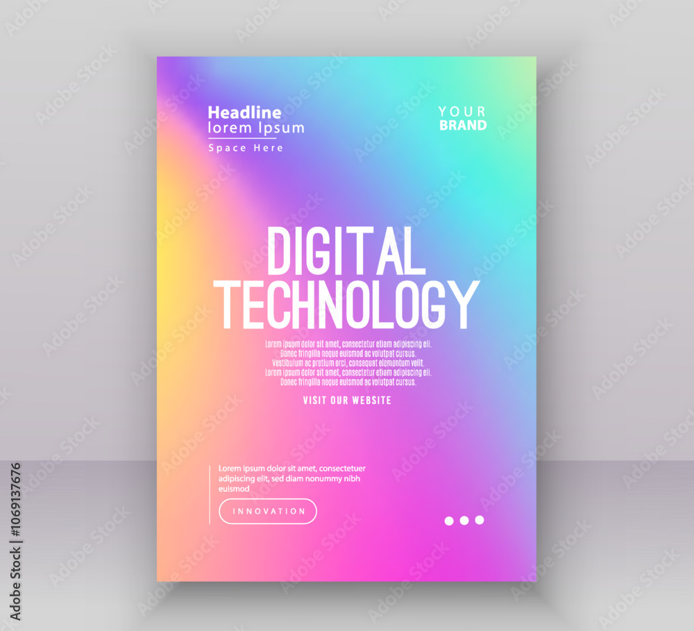 Fototapeta premium Poster brochure cover banner presentation layout template, Technology digital futuristic internet network green pink purple gradient background, Abstract cyber future tech, Ai big data business vector