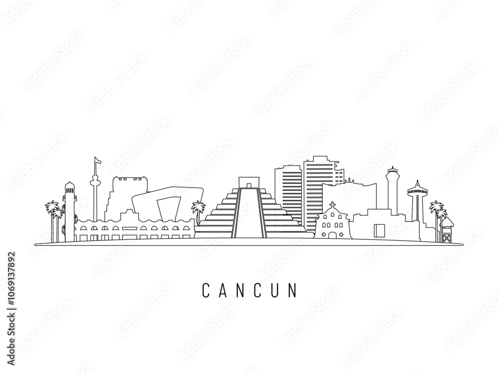 Obraz premium Detailed Cancun skyline vector illustration. Cancun buildings in line art style, perfect for modern designs.