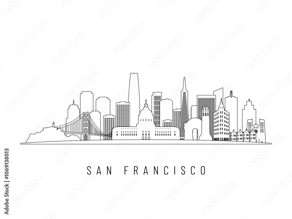 Fototapeta premium Detailed San Francisco skyline vector illustration. San Francisco buildings in line art style, perfect for modern designs.