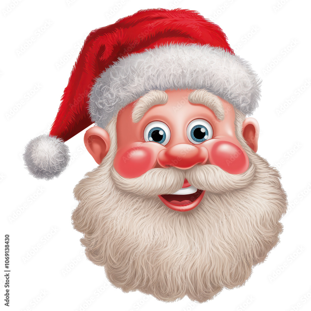3D Cartoon Smiley Santa Claus Head with Cheerful Expression on White Background. Santa Emoticon 3D Cartoon Smiley Santa Claus Head with Cheerful Expression on White Background. Santa Emoticon
