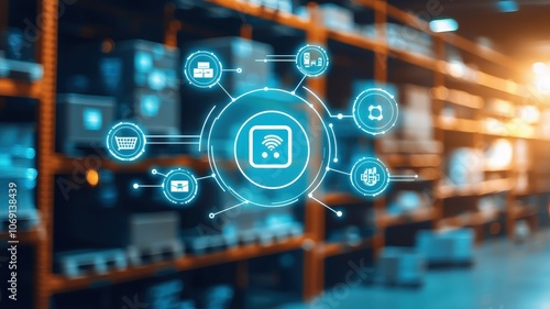 Inventory management demand replenishment concept. A digital overlay depicts smart technologies in a warehouse, showcasing connectivity and automation.