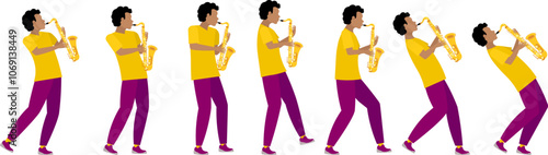 Vector people. Black musician playing saxophone, solo performance. Several poses. Playing jazz or blues.