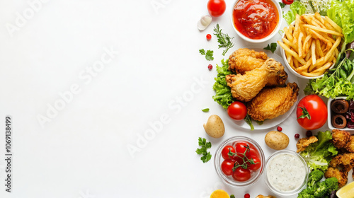 A colorful spread of fried chicken, fries, fresh vegetables, and dipping sauces for a meal.