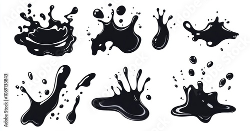 Isolated Vector Water Drops, Swirls, and Splashes in Black, Perfect for Flat Design Projects