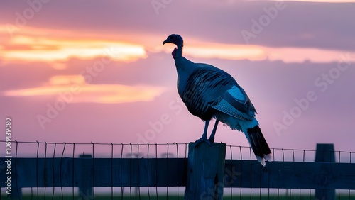 Turkey roosting on a fence post at sunset, with sky ablaze in orange and pink, capturing a calm and reflective silhouette scene photo