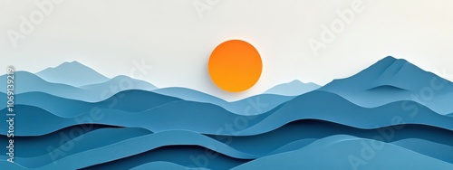 Minimalist Mountain Landscape, serene paper-style scene featuring gentle mountains under a bright sun, evoking tranquility and simplicity