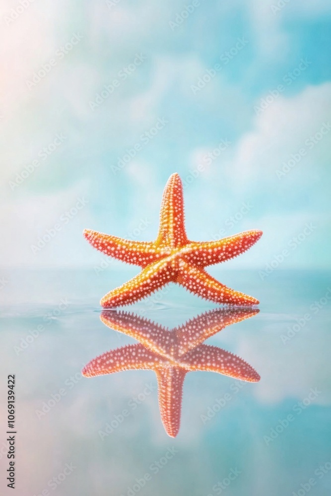 Vibrant starfish floating on a tranquil sea surface Vibrant starfish floating on a tranquil sea surface
