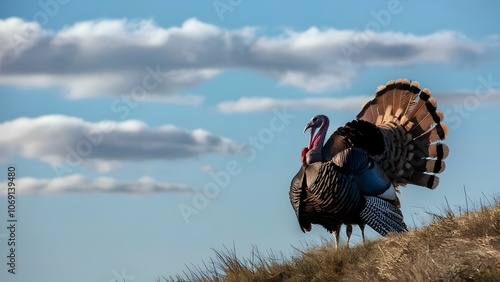 Flock of turkeys moving through a cornfield, blending into golden stalks, camouflaged in earthy tones of the rural landscape