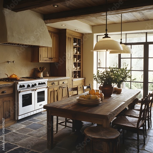 A rustic kitchen featuring wooden cabinets, stone countertops, and a large farmhouse table. The warm, earthy tones and traditional design elements create a welcoming and homey atmosphere. photo