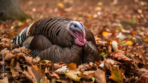 Wild Turkey on Hill with Fanned Feathers and Sky Backdrop