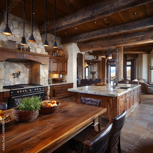 A rustic kitchen featuring wooden cabinets, stone countertops, and a large farmhouse table. The warm, earthy tones and traditional design elements create a welcoming and homey atmosphere. photo