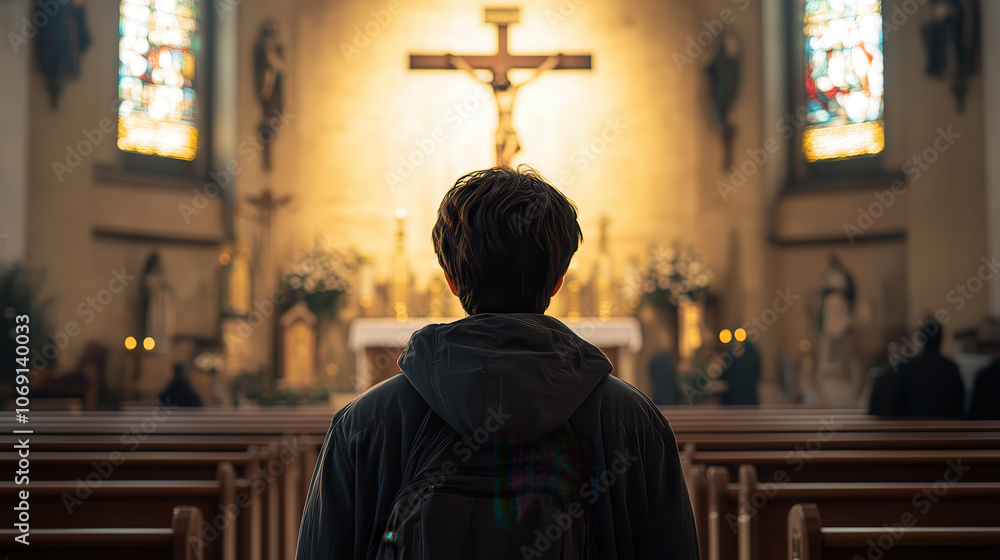 person standing in church, reflecting in serene atmosphere person standing in church, reflecting in serene atmosphere