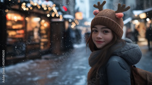  happy playful girl wearing reindeer cap smiling at city street, city decorated with light for Christmas time